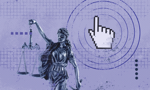 Blindfolded Lady Justice next to a Massive Click Mouse Cursor