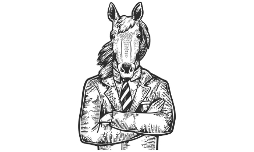 Caricature of Person with Horse Face with Arms Crossed Wearing Suit