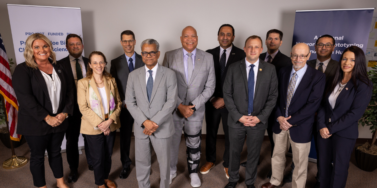 Representatives from California Dreams pose for a photo with U.S. national government officials before the Microelectronics Commons Announcement Event at ASU’s Macro Technology Works in Tempe on Sept. 17, 2024. (Photo by Samantha Chow/Arizona State University)